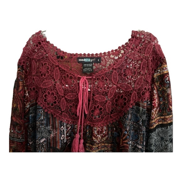 URBAN MANGOS boho dress, semi sheer, crocheted bib, drawstring, multicolored, - Picture 3 of 6